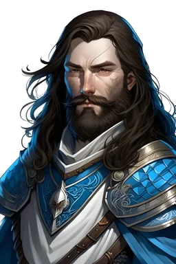 Generate me a male D&D character who is a king wearing elaborate armor. They have long dark hair and a short beard and blue eyes. no face markings The background should be a white