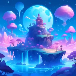 A digital illustration of a dreamy fantasy world filled with floating islands and moon and stars with clouds celestial blue and purple and magical creatures. Inspired by the artist Victoria Ying. The colors are pastel and ethereal, evoking a sense of wonder. The characters have serene and enchanting expressions. The lighting is soft and mystical, enhancing the dreamlike ambiance.