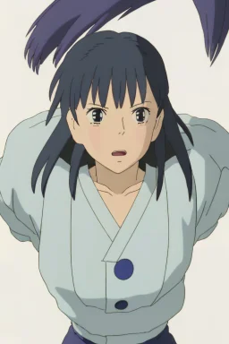 Yui: A full body image of Yui standing confidently in her rugged clothing, hands on her hips. Her athletic build, dark hair streaked with blue, and vibrant green eyes are clearly visible. Her look of determination reflects her adventurous spirit. Yui, in a full-body outdoor suit tailored from resilient material, is shown. Her suit features a built-in respirator mask, oxygen tank, and utility pockets. Her boots are more substantial, suitable for harsh conditions, and her gloves are thick and prot