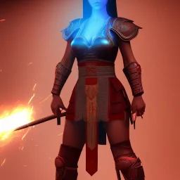 worrior woman with axe, wearing japanese armor, blue lighting sky, glowing red axe, stromy, red armor, realistc mortal kombat style, 3d render --test --creative