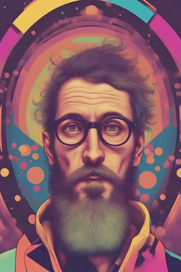 futuristic space bohemian psychedelic young man with strange and rare face in his 40s with Parisian bohemian look and glasses of colours and poor and short short hair on the head with receding hairline. Farsightedness glasses with big eyes. Long beard. Vintage look and feel like photos of the 70s