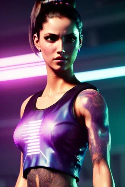 Athlethic Young woman, futuristic fantasy assassin character, portrait from waist up, intricate eyeliner, vibrant eyeshadow, clear completion, soft lighting, 4k resolution, intricate details, insanely detailed, white tank top, vibrant Japanese style tattoo sleeve, colorful cityscape background, masterpiece, expert, cinematic smooth, retroanime style, realistic details