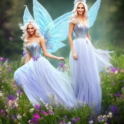 Fantasy fairy with transparent wings, smiling, make up, long platinum blond hair with crown and flowers, blue dress, flower background