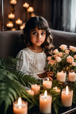 a young girl sitting on a couch holding a bunch of flowers, tanned ameera al taweel, hair whitebangs hair, sitting on the edge of a bed, roses and lush fern flowers, with big eyes, in a room full of candles, a microscopic photo, cute photograph, from left