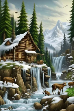 Cabaña de madera en una montaña con una cascada a la derecha y nieve. Con alces y lobos alrededor.
