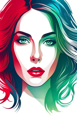 3 colors vector beautifull female face on white background, red blue green, no shadow