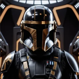 star wars bald male corellian pilot wearing dark gunmetal grey and black First Order special forces TIE pilot armored flightsuit and helmet with gold trim inside the jedi temple, centered head and shoulders portrait, hyperdetailed, dynamic lighting, hyperdetailed background, 8k resolution, volumetric lighting, light skin, fully symmetric details