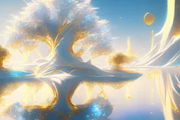 white and gold crystal cosmic and galactic ambiance sky trees river lake surreal, full of details, smooth, bright sunshine，soft light atmosphere, light effect，vaporwave colorful, concept art, smooth, extremely sharp detail, finely tuned detail, ultra high definition, 8 k, unreal engine 5, ultra sharp focus