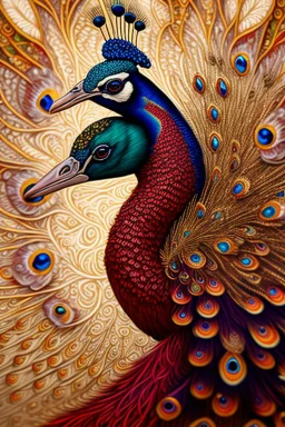 peacock, red and gold tones, insanely detailed and intricate, hypermaximalist, elegant, ornate, hyper realistic, super detailed, by Pyke Koch