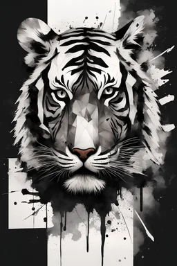 A abstract modern realism design black ink with brushstrokes and ink splatter of a tiger and geometric patterns in negative space