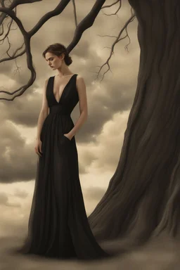 Wednesday in a low-cut black gown standing under a black tree, photorealistic, delicate detail.