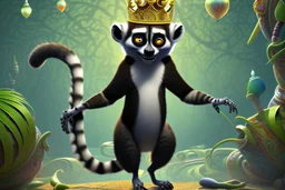 surreal, vibrant digital artwork featuring king Julien the lemur dancing with his tail held up high, with intricate abstract patterns and motifs swirling around them. striking facial features, wearing a crown made of skulls. dancing to "you gota to move it" in Disney style Madagascar