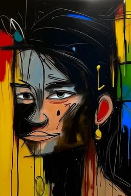 in abstract art Basquiat, Picasso, colorful acrylic colors representing, with expressive character--ar 16:9 --no text letter font. –c 40, Buffet and Picasso style, black canvas