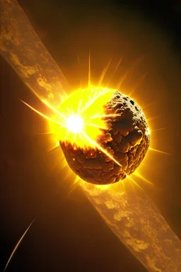 На солнце летит метеорит не круглой формы, жёлтого цвета размером с половину солнца, на метеорите есть скалы с наконечником в форме 9 конечной звёзды.