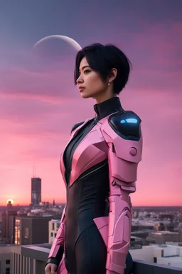 Photo Of A slim Woman With Black Hair, Wearing an android-looking suit, standing sideways On a ledge of a building, with a waning moon Behind Her Head, pink sunset with small clouds