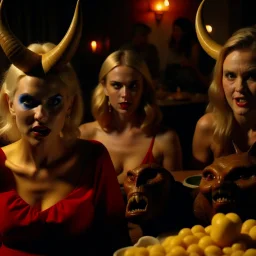 Horror movie shot, spooky, horns, hot, ultra realistic, dine, they enjoy and get excited, ultra realistic hot blonde women, party, pieces of meat, organs, ail, dynamic, very excited people, Dario Argento, hypermaximalist figures, light, Italian horror movie, sinister, ornate, 4k, photorealism