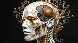 3D rendering of a head of an impressively detailed and complex hyper-realistic "human anatomy": scientific, single object, glossy white, shiny gold, vines, tribalism, black background, shamanism, cosmic fractals, octane rendering, 8k post-processing, detailed metallic bones, dendritic, artstation : Award Winning: Professional Portrait: Atmospheric: Commanding: Fantastic: Clarity: 16k: Ultra Quality: Astounding: Shine: Stunning Colors: Stunning Depth