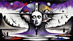painted inner world with uncontrolled mind and soul, in midle on floating island with a big head statue, over surreal cracked painted weird empty land with some black doors. very dark purple, gray, black, white, brown. Whimsical style of Chagall , of Minjae Lee and of René Magritte. No humans, broken, weird absurd beauty nightmare, in background big neuron network and stars , surreal vibe