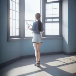 female student studying by the window, anime style, full body, unreal engine 5, cinema4d, sun light, studio lighting --ar 1:1 --v 4