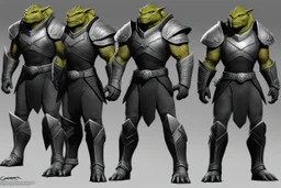 (Star Trek Lore) a Gorn aggressive warrior with his traditional equipment ## Layout & Perspectives Arrange strictly from left to right in the order of “front, side (either left or right), back” horizontally. The character's height, head-to-body ratio, shoulder width, and other skeletal proportions must be perfectly aligned horizontally across all three views, with strictly consistent sizing. ## Character Consistency Across all perspectives, the character's face shape, facial features, hai