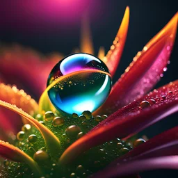 extremely magnified close-up of a dew drop with a lightning strike inside, 8K 3D, octane render, photorealistic, colorful, triadic colors, award winning, crisp quality, double exposure surrealism, soft focus, beautiful, cinematic post-processing, volumetric lighting, dynamic lighting, masterpiece, hyperdetailed, ultrarealistic, ethereal, meticulous, light dust, iridescent
