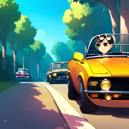 2 good looking anime friends driving in a old classic convertible car, thier hair blowing in the wind, detail on girls faces, girls are wearing aviator sunglasses, trees and roads in the background, sunglasses,no turning back, faces are visible and features are cottect