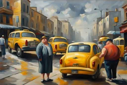 fat man model in a street in a taxi oil painting