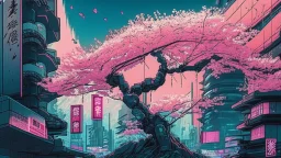Japanese cherry blossom, in cyberpunk city, comic style,