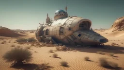 space ship in the desert surrounded by lost things