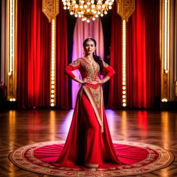 azeri female full bdy with traditional dance clothing in modern stage in a royal hall
