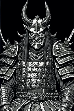 Armoured Samurai with oni mask ,manga, from 1980 dark fantasy, style by Kentaro Miura