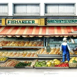 Fishmonger and Greengrocer,Italian city,Citymarket, Jean Baptiste Monge, strong lines, high contrast vibrant colors, highly detailed, , exterior elevations illustration, , exterior elevations design plan illustration, interior croquis color illustration