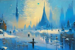 Science fiction city near frozen lake, claude monet impressionism painting