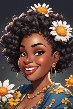 Create a comic book cartoon art style image of a curvy black female looking down with a smile on her face. Prominent makeup with hazel eyes. Highly detailed messy curly bun with a hair scarf tied on her head with large daisy flowers surrounding her. 2k