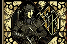 Stylized Medieval European knave, In the style of Tarot and Art Deco, black colours