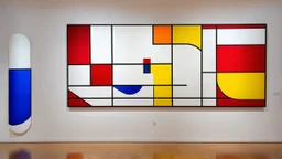 Abstract postmodern art piece, vibrant colors, geometric shapes and patterns, by Piet Mondrian and Wassily Kandinsky, (long shot), minimalistic style.