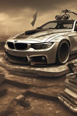 Realistic image. Grunge BMW 4 2024. 4k resolution, intricate details, ornate details, soft lighting, vibrant colors, mad max background