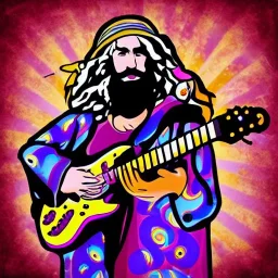 hippie Santa playing electric guitar psychedelic peace sign