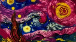 A magenta outer space with swirling stars designed in ancient Egyptian pottery painted by Vincent van Gogh