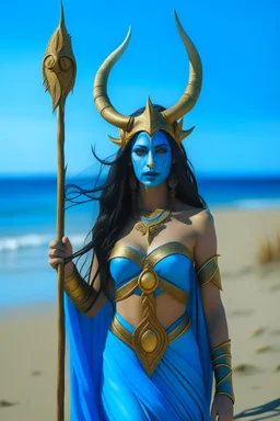 A picture of a beautiful "blue" faced indian goddess with skin painted blue, "blue painted body", "blue painted torso", wild black hair, stag antlers, elven ears, golden skirt, holding a staff on a sunny beach