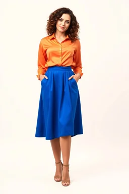 create a video of beautiful lady curvy hair standing pose wearing blue skirt and orange shirt high heel shoes simple background