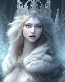 gorgeous goddess of winter wearing an elaborate ice crown next to a beautiful gray wolf, 8k resolution, centered, high-quality, fine-detail, iridescent, intricate, digital art, detailed matte, volumetric lighting, beautiful, illustration, 3D octane render, margaret weiss, brian froud, howard lyon, selina french, anna dittmann, annie stokes, lisa parker, greg rutowski,