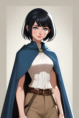 Character concept art, medieval 20 year old female, kind and gentle, slight smile, soft blue eyes, very short- black- hair style, skin, white blouse, ornate blue cloak, and tan trousers