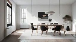 minimalist scandinavian large room with very high ceiling and large windows, fluffy wool rug, minimalist scandinavian interior. minimalist walnut wood dining table and chairs with thin walnut wood design. black, beige, white. catalogue picture