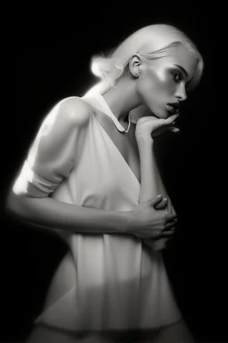 Mujer rubia iluminada, retrato medio cuerpo, iluminada potentemente desde el lado derecho, blanco y negro vaporoso, al estilo del fotógrafo Hugo Alonso