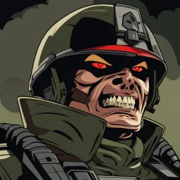 evil soldier. sneering expression, dark short hair,