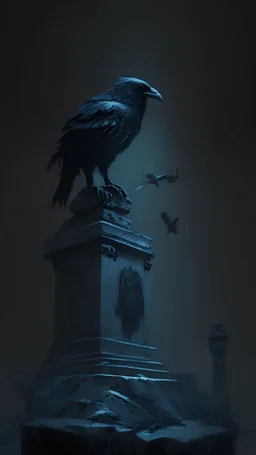 The crow is standing on a grave in front of a scary mansion in the dark. It has radiant black plumage that shimmers in the dim light. The crow looks sharp with eyes towards the unknown horizon. The tomb is built of sandstone, and is decorated with a rickety statue of a former king. The crow swayed gently in the cold wind, remnants of snow could be seen on the distant peak in the mountains. The desired effect is a sense of mystery and hidden horror in the scene, with emphasis on the details