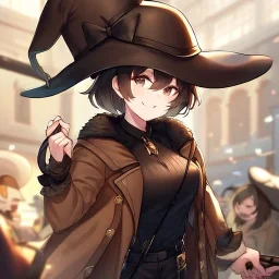 Clear focus, High resolution, short brown spiky hair, hair between eyes, eyes closed, wearing a brown detective hat, wearing a brown jacket and a black shirt, wearing black shorts, 1girl, pulling at down, smiling