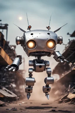 Star x-like metal robot flying with one eye with junkyard background