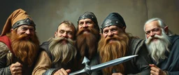 pin hole cam, master oil painting by Rembrandt, family portrait of smiling bad ass warrior clad muscle sturdy buildt deep rock metal dwarves in fine clothes and with ice picks laughing